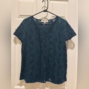 LOFT Women’s Floral Lace Sheer Top Short Sleeve Teal, Size Large Petite